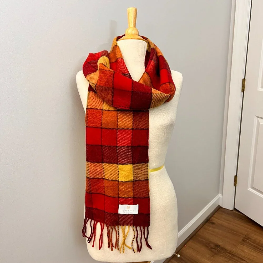 Calzeat of Scotland Border Lambswool Scarf Red Yellow Color Block Plaid